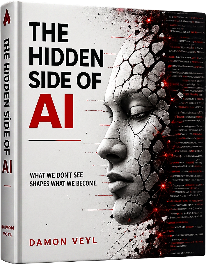 Front cover of Hidden Side of AI Part I: The Handover by Damon Veyl — a white hardback with a cracked stone face dissolving into columns of red-lit code