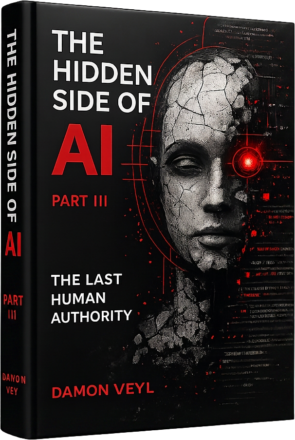 Front cover of Hidden Side of AI Part III: The Last Human Authority by Damon Veyl — a cracked face inside a red targeting reticle on near-black