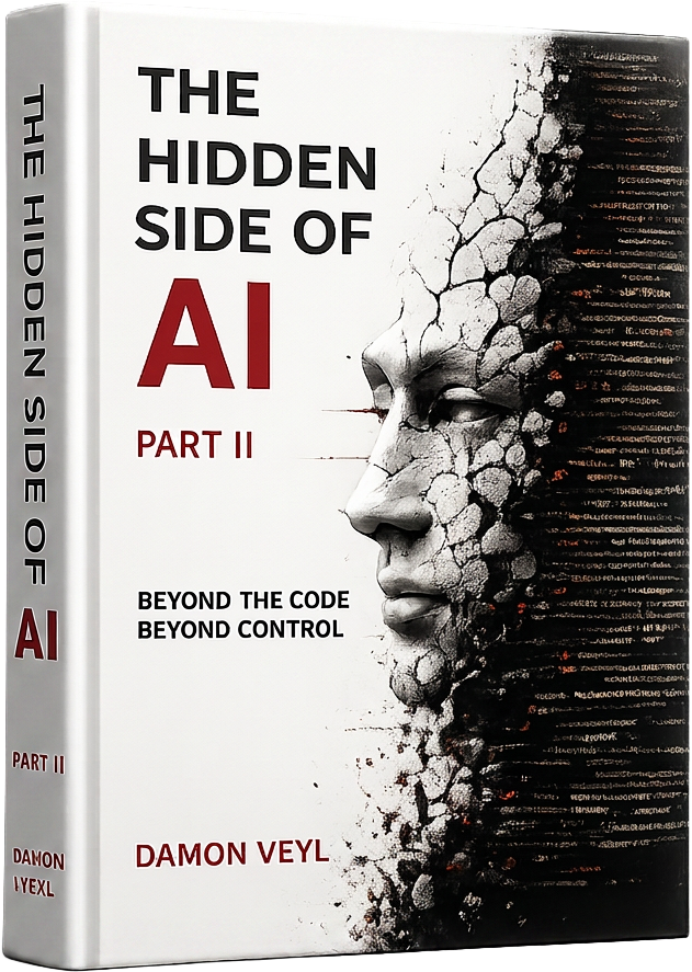 Front cover of Hidden Side of AI Part II: The Correction by Damon Veyl — a fractured stone face breaking into fragments of code